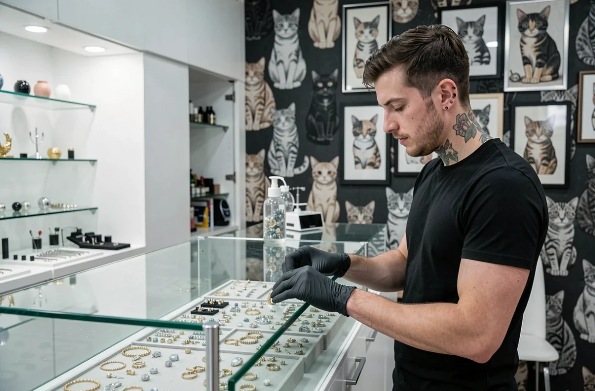 Studio Le Chat Percé à Nice, espace de tatouage et piercing avec papier peint à motifs chats vintage, artiste-pierceur rangeant des bijoux dans une vitrine en verre