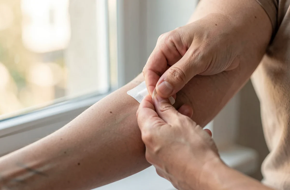 Main appliquant un pansement sur l'avant-bras après un petit soin cutané
