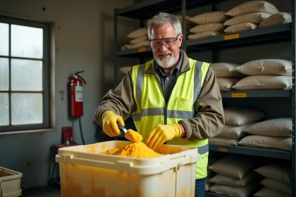 Technicien agricole manipulant du soufre jaune en poudre avec équipements de protection dans un local de stockage agricole
