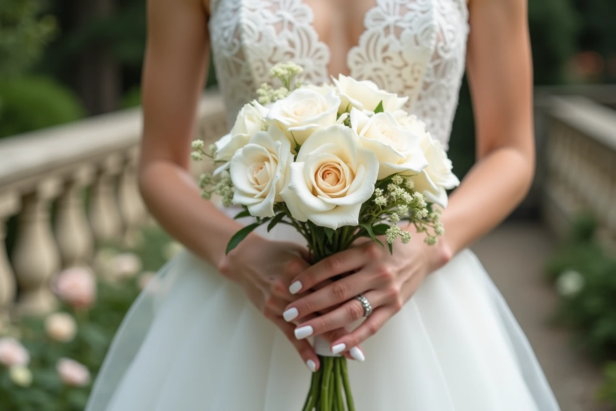 Mariée tenant un bouquet de fleurs blanches avec une manucure gel french sur ongles courts dans un jardin de château