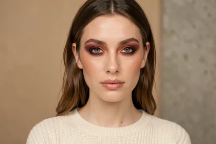 Femme aux yeux hazel maquillée avec des tons terracotta et prune pour sublimer ses reflets verts et ambrés
