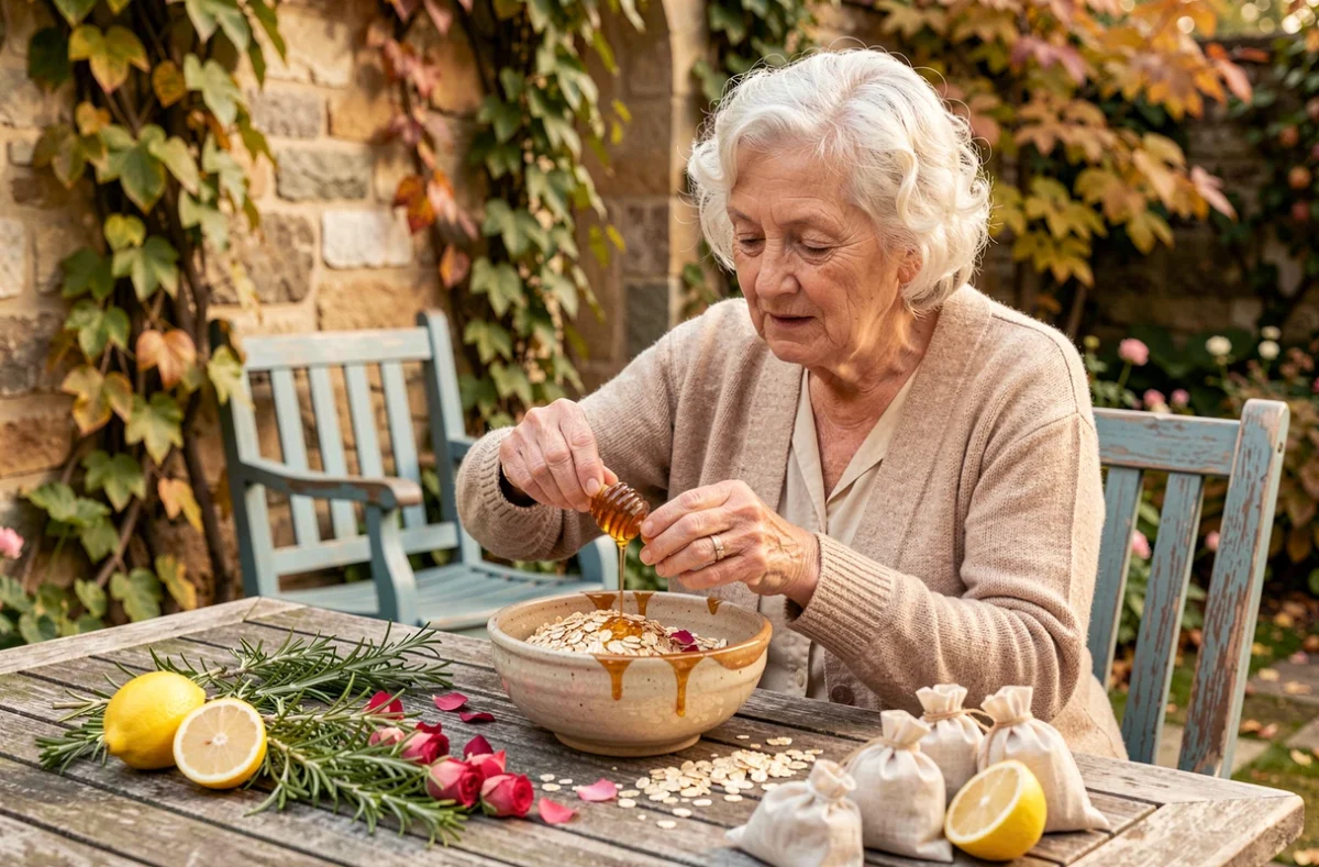 Grand-mère préparant un masque naturel maison à base de miel et d'avoine dans un jardin français en automne pour raffermir la peau