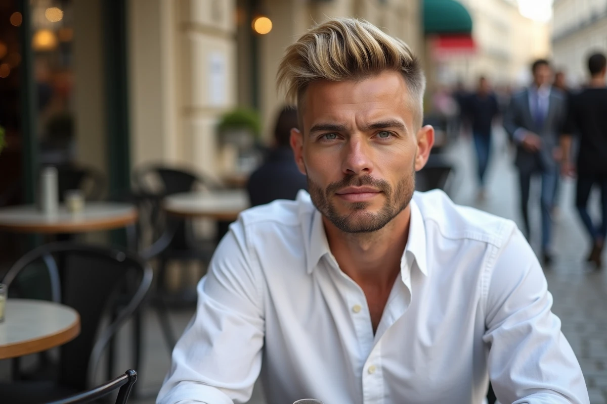 Homme avec une mèche blonde et undercut assis en terrasse de café parisien