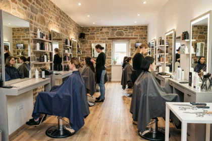 Intérieur d'un salon de coiffure moderne en Finistère avec plusieurs postes de coiffage et une atmosphère professionnelle chaleureuse
