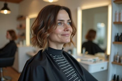 Femme aux cheveux courts et fins coiffés en mini vague douce dans un salon de coiffure moderne