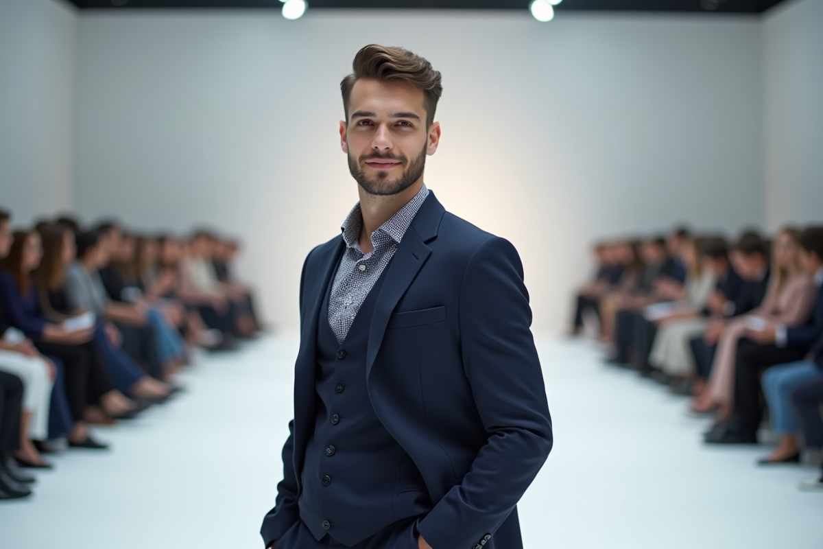 Jeune homme en costume navy sur podium intérieur