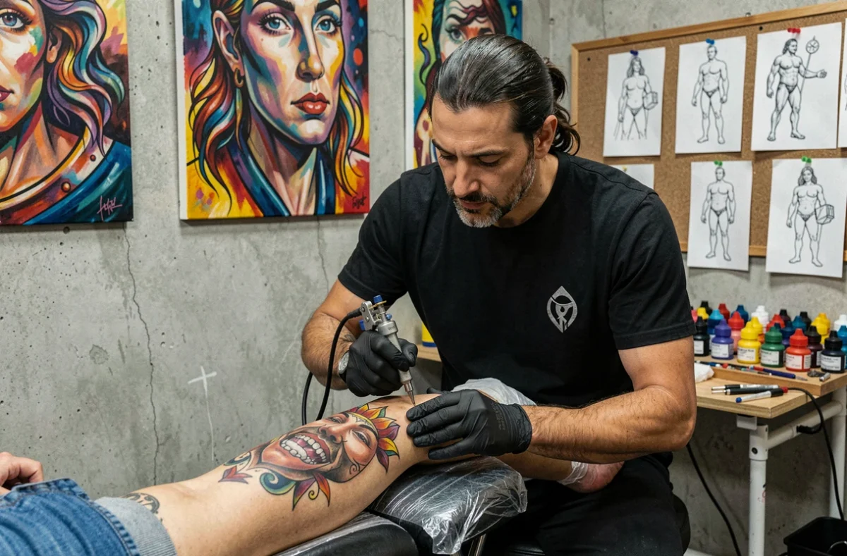 Artiste tatoueur de Needles Hand Tattoo à Aix-en-Provence appliquant un tatouage néo-traditionnel coloré sur le mollet d'un client, entouré d'œuvres d'art originales