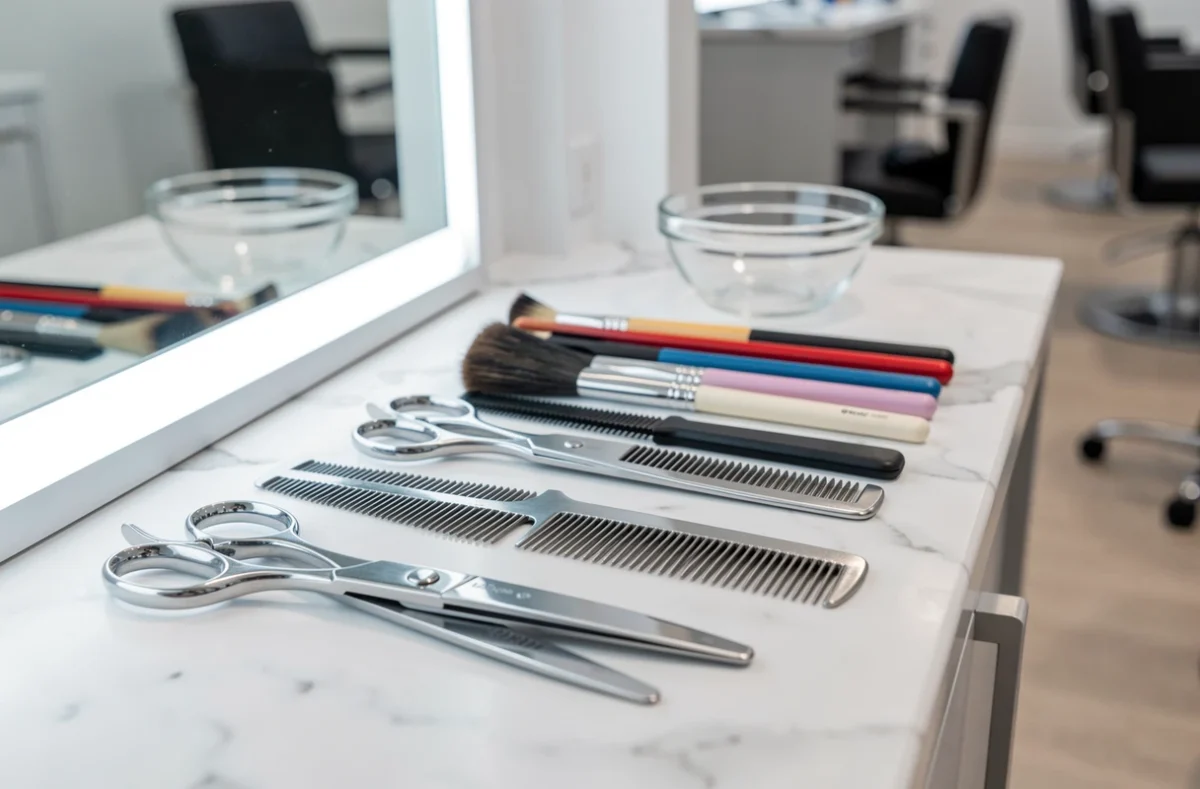 Outils de coiffure professionnels disposés sur un plan de travail en marbre dans un salon du Val-de-Marne