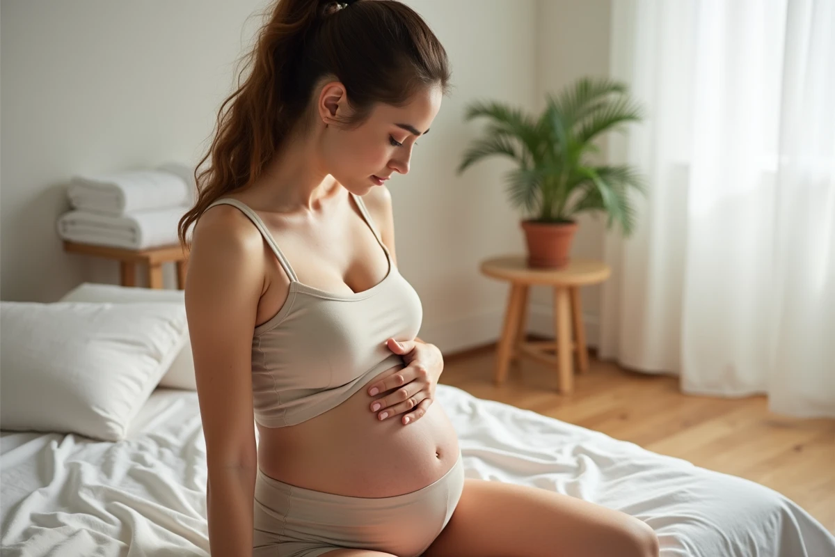 Femme assise sur un lit tenant son ventre post-partum, contexte bien-être et récupération après grossesse
