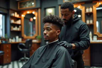 Jeune homme aux cheveux afro naturels en préparation d'un permanent chez un barbier professionnel