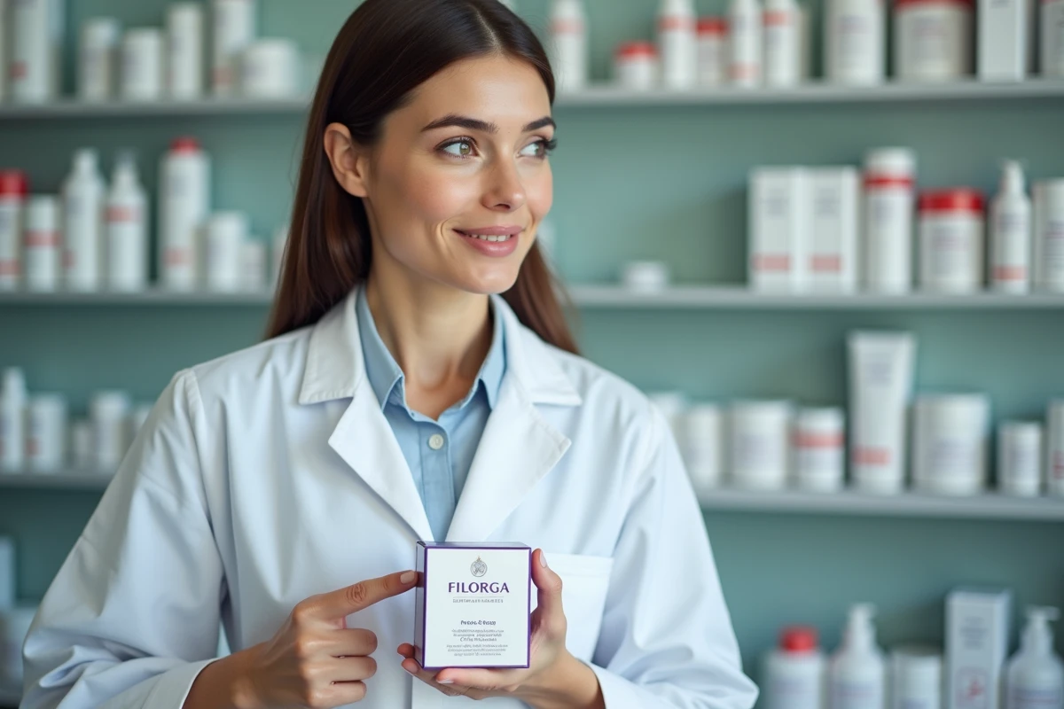 Pharmacienne en blouse blanche conseillant sur un produit Filorga en montrant les informations au dos de la boîte