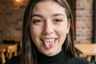 Jeune femme avec un piercing langue barbell en titane minimaliste, souriant dans un café urbain moderne