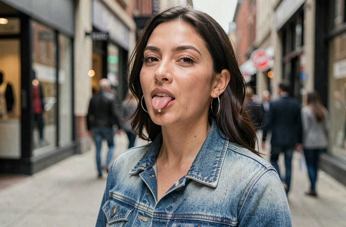 Femme montrant un piercing langue avec opale irisée en extérieur dans une rue commerçante animée