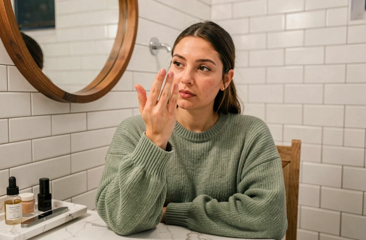 Femme chez elle comparant ses ongles naturels avant et après un pinchage maison dans sa salle de bain