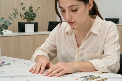 Jeune femme examinant ses ongles naturels dans un salon de manucure moderne avant un pinchage