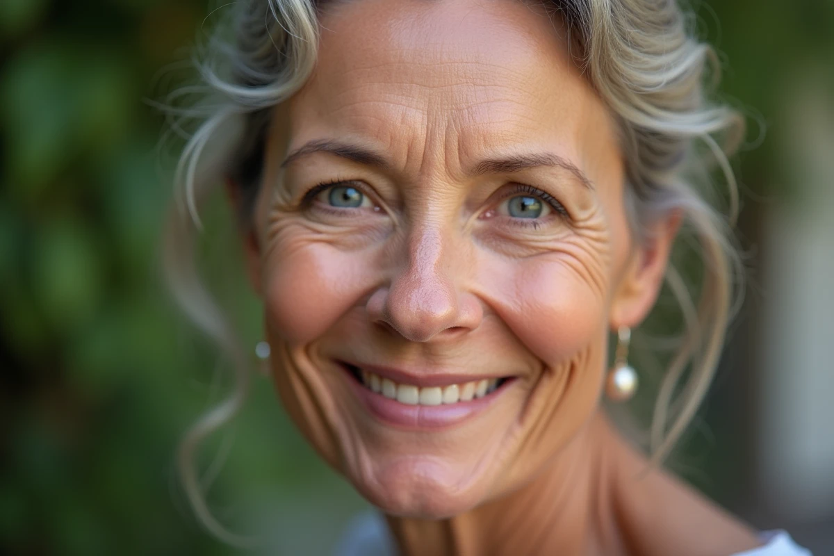 Portrait en gros plan d'une femme mature avec des rides naturelles visibles autour des yeux et de la bouche