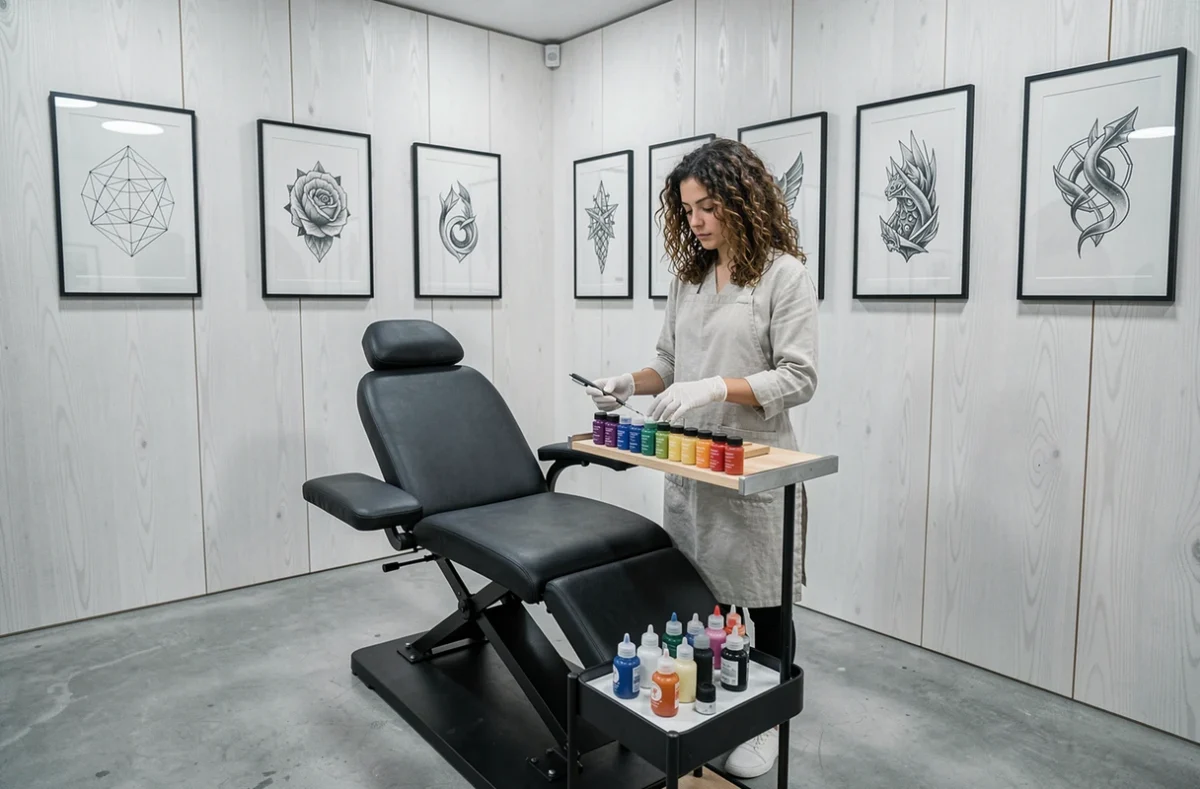 Studio Prisme Tattoo à Marseille, intérieur contemporain minimaliste en chêne blanc et béton avec une artiste préparant ses encres sur son poste de travail