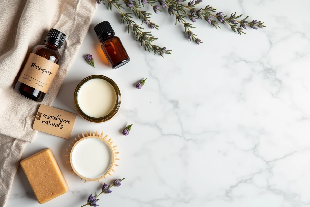 Flat lay de produits cosmétiques naturels et éthiques sur marbre blanc avec éléments botaniques séchés