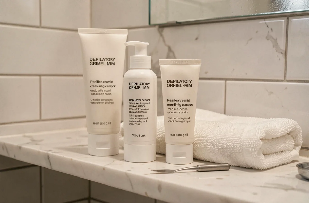Produits crèmes dépilatoires sur une étagère de salle de bain, spatule cosmétique et serviette blanche