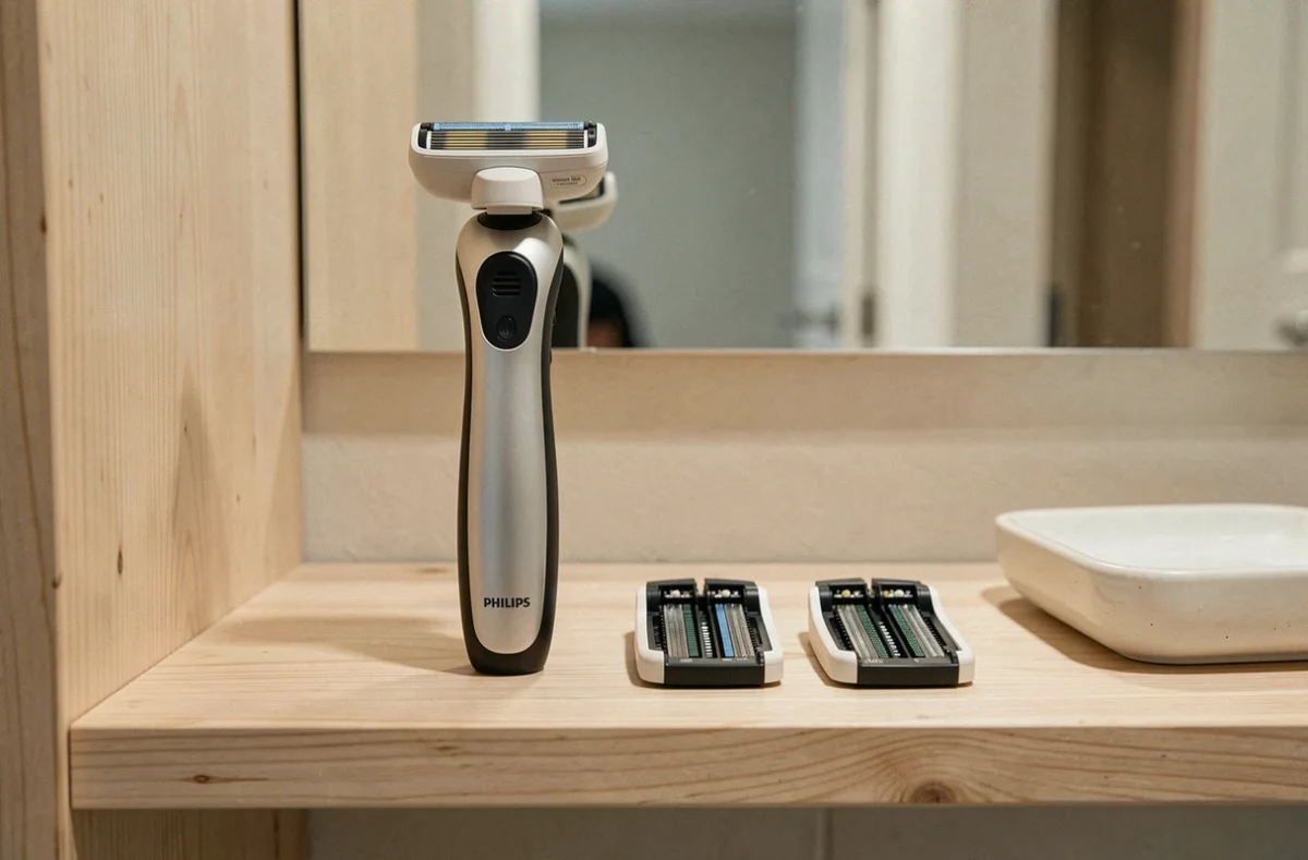 Rasoir pivotant posé sur une étagère de salle de bain avec différentes cartouches de lames pour illustrer la compatibilité