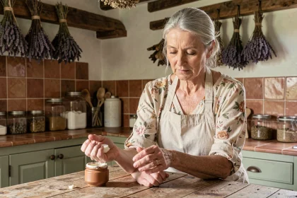 Femme âgée appliquant un remède de grand-mère naturel pour raffermir la peau dans une cuisine rustique française