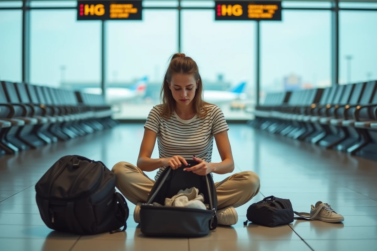Jeune femme réorganisant ses bagages en urgence dans un salon de départ d'aéroport avant embarquement