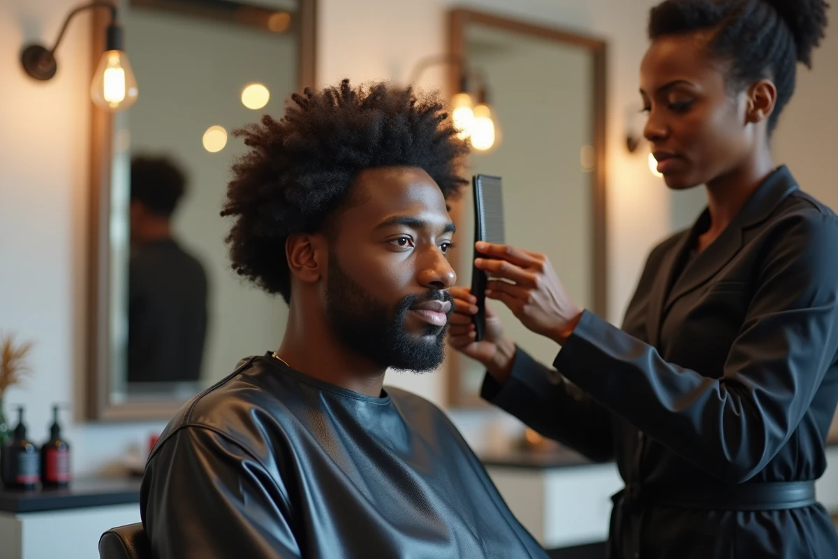 Homme aux cheveux afro permanentés hydratés après traitement dans un salon de coiffure moderne