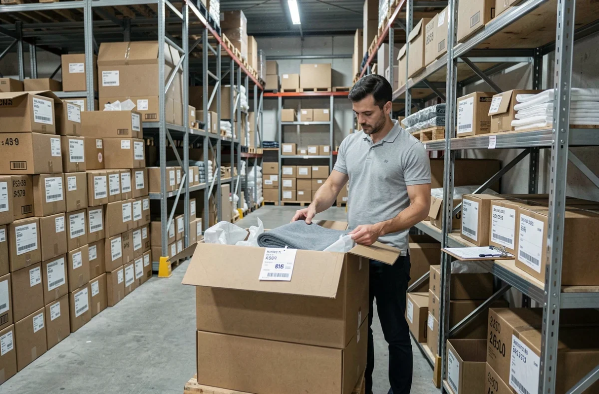 Revendeur débutant inspectant une livraison de produits d'un grossiste oriental dans un entrepôt de stockage