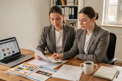 Jeune revendeuse débutante analysant un catalogue grossiste orient à son bureau avec des notes de calcul de marges
