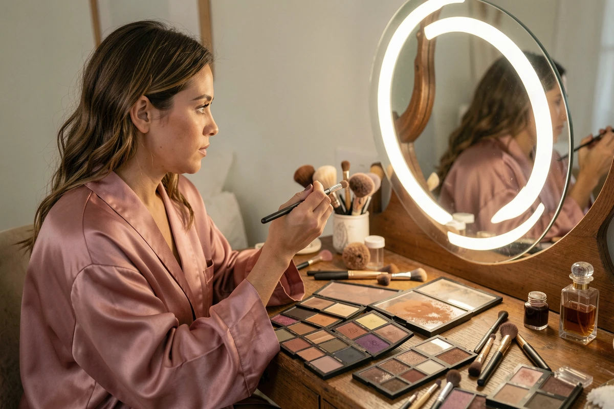 Femme aux yeux hazel appliquant un fard à paupières bronze devant une coiffeuse avec des palettes de maquillage