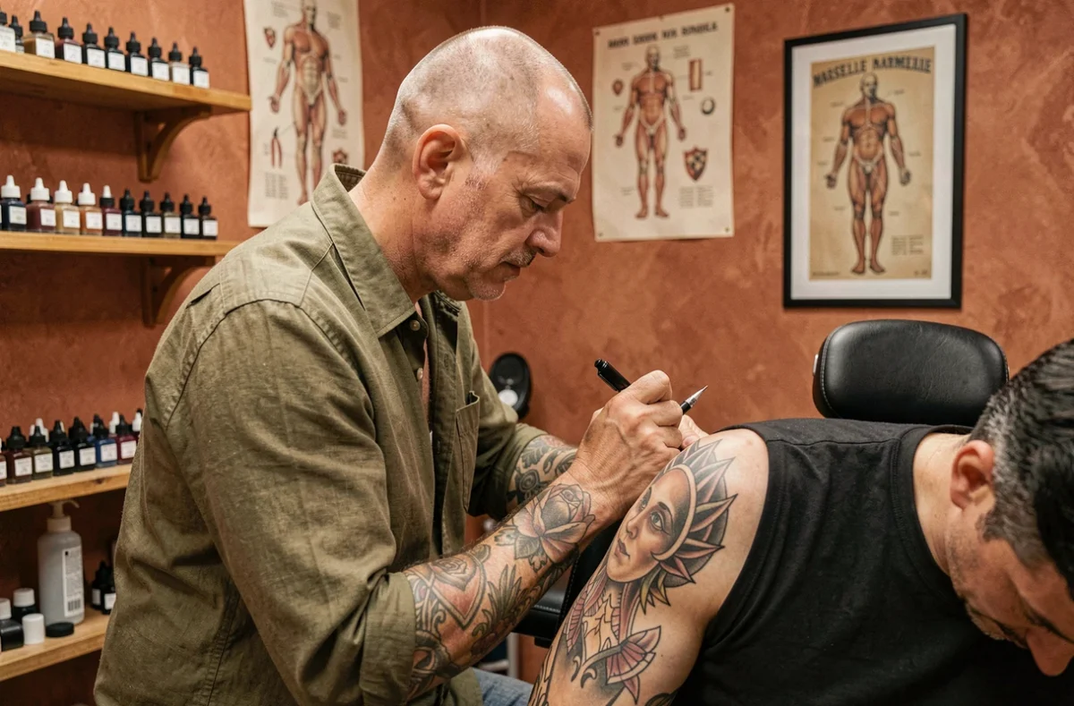 Artiste de Roma Body Art à Marseille, tête rasée et bras tatoués, appliquant avec concentration un tatouage traditionnel bold sur l'omoplate d'un client dans un studio aux murs en enduit terracotta