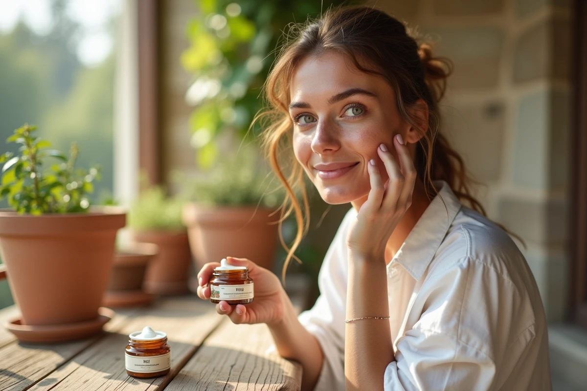 Femme appliquant une crème visage naturelle en verre sur une terrasse rustique dans un cadre éco-responsable