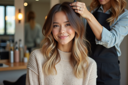 Femme coiffée d'un dégradé dans un salon moderne