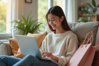 Jeune femme faisant du shopping en ligne dans un salon lumineux