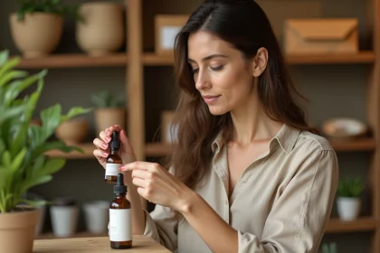 Femme examinant un sérum bio dans une boutique beauté éthique aux étagères en bois recyclé