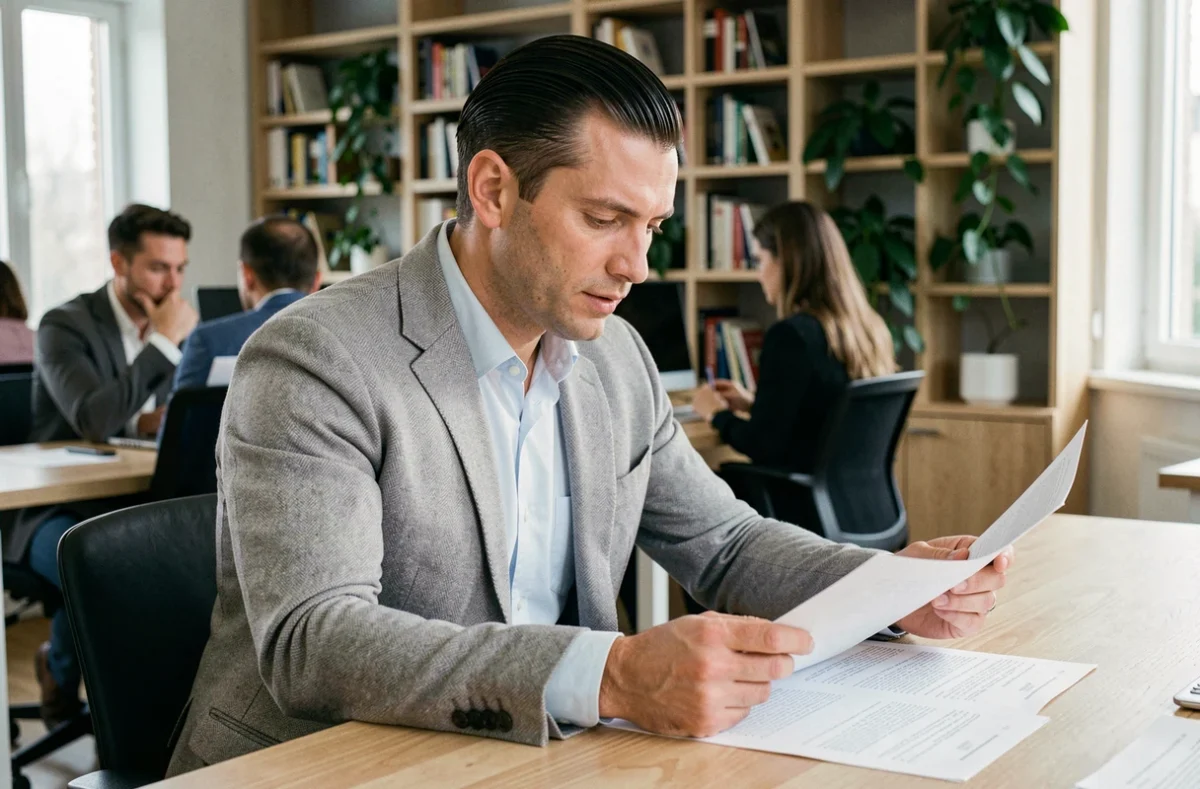 Professionnel en blazer gris avec une coiffure slick back soignée travaillant à son bureau dans un open space moderne