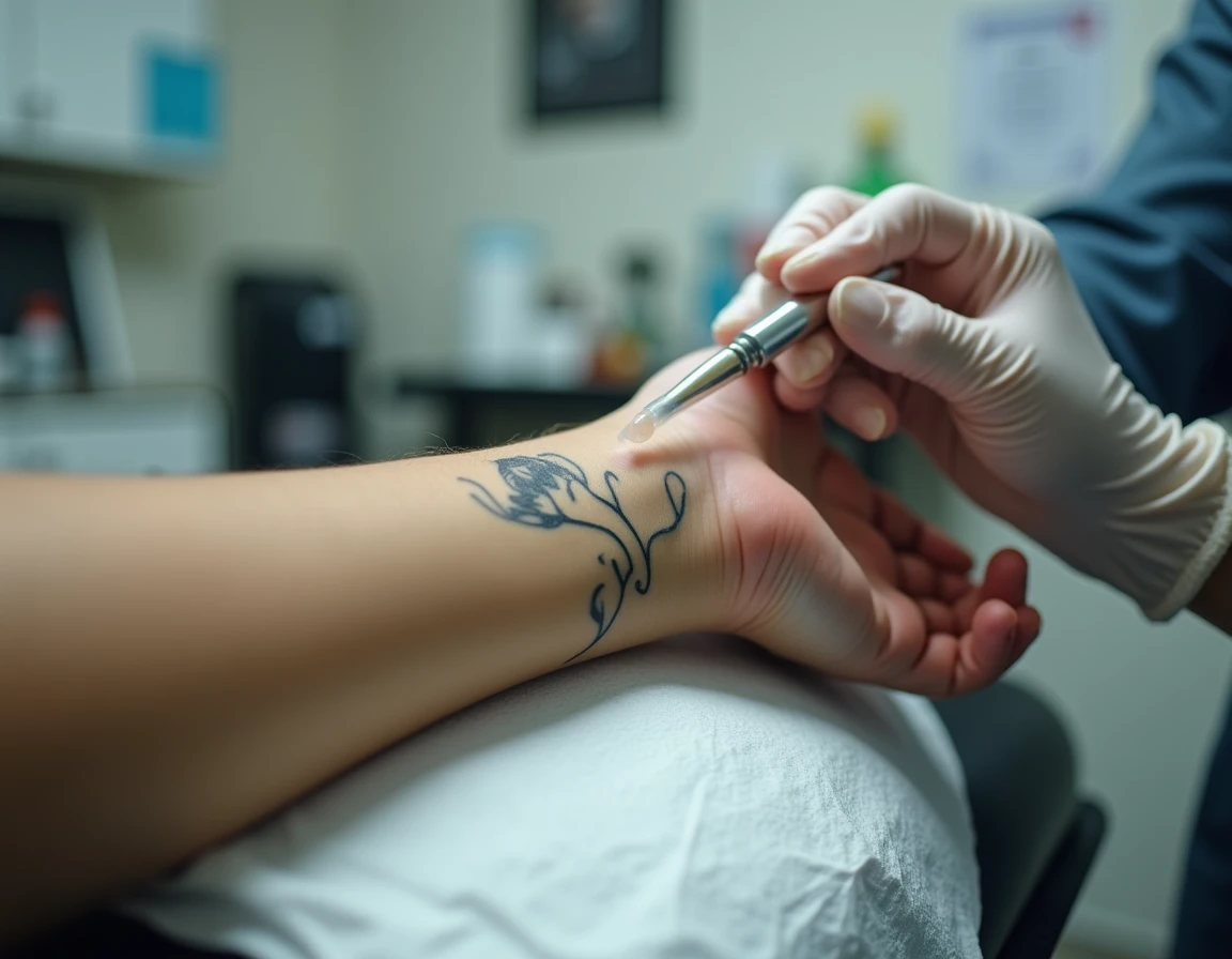 Soin après tatouage appliqué sur une peau sensible et réactive au poignet dans un salon de tatouage hygiénique à Toulouse