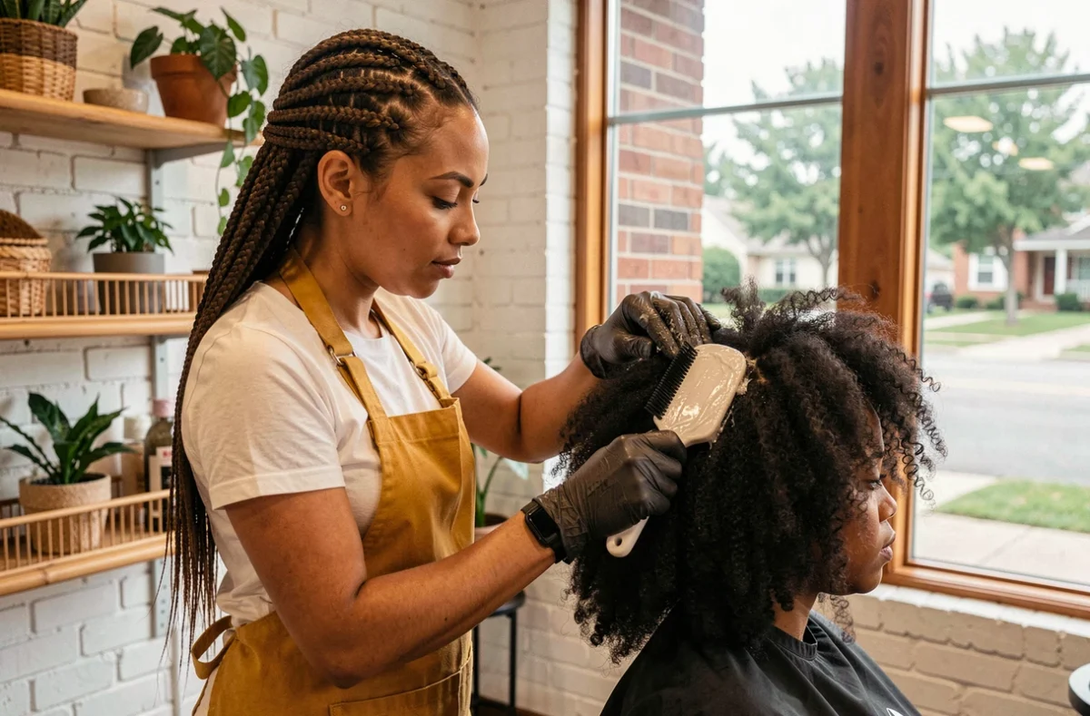 Coiffeuse appliquant un masque capillaire sur cheveux afro dans un salon du Val-de-Marne
