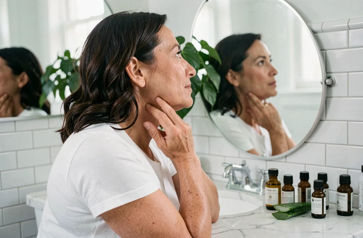 Femme d'âge moyen examinant sa peau dans un miroir avec des huiles naturelles et aloe vera posés sur un lavabo en marbre