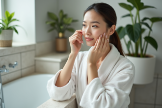 Femme appliquant une creme visage dans une salle de bain naturelle