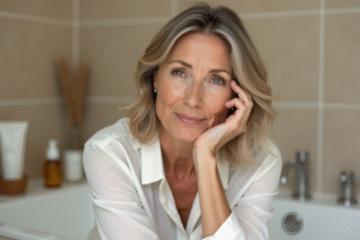 Femme d'environ 50 ans visage naturel et apaisant