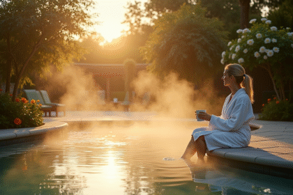 Spa extérieur au lever du soleil avec femme en robe blanche