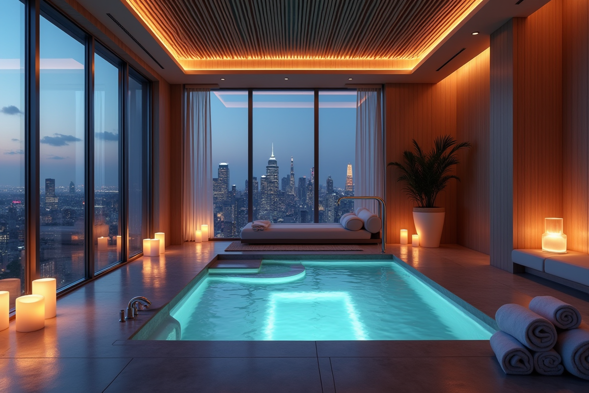 Spa intérieur avec jacuzzi vide et vue urbaine au crépuscule