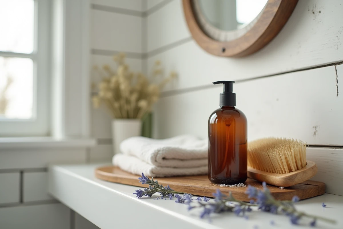 Flacon de spray sel de mer posé sur une étagère de salle de bain style côtier avec brosse à cheveux et lavande séchée
