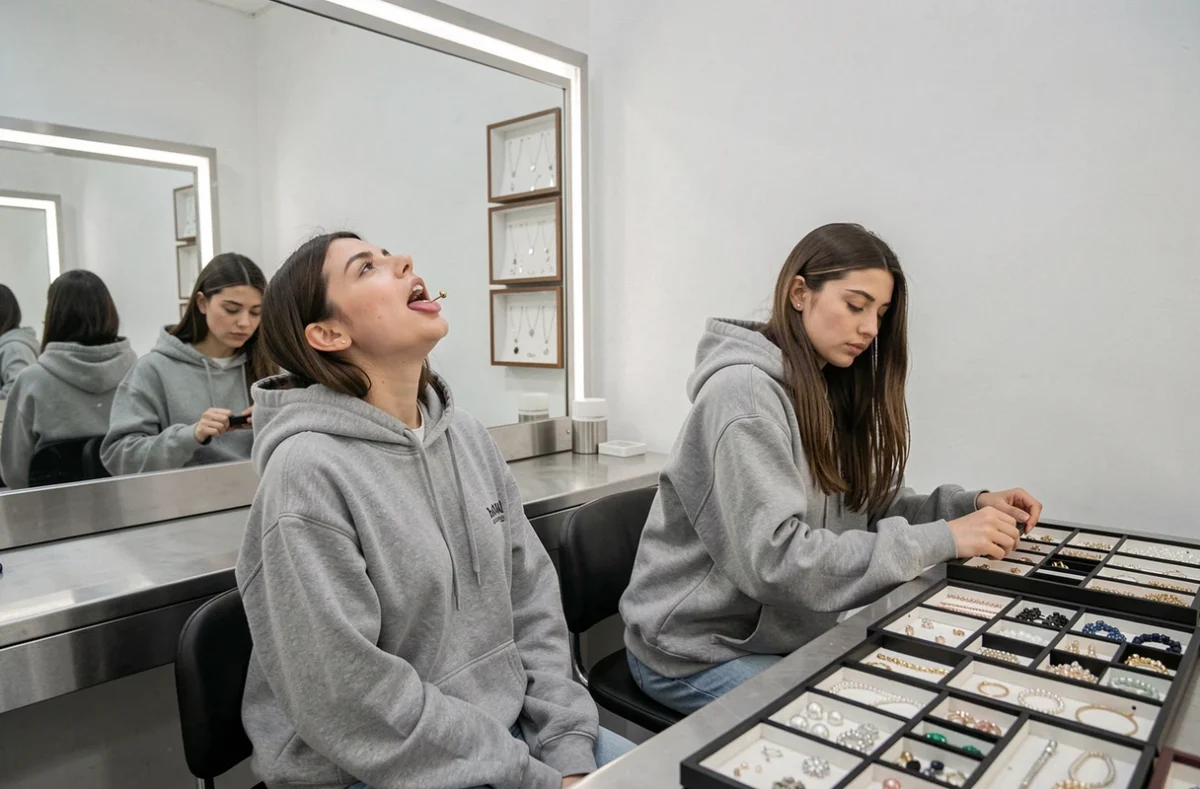 Deux femmes dans un studio de piercing moderne découvrant des bijoux de piercing langue dorés tendance 2026