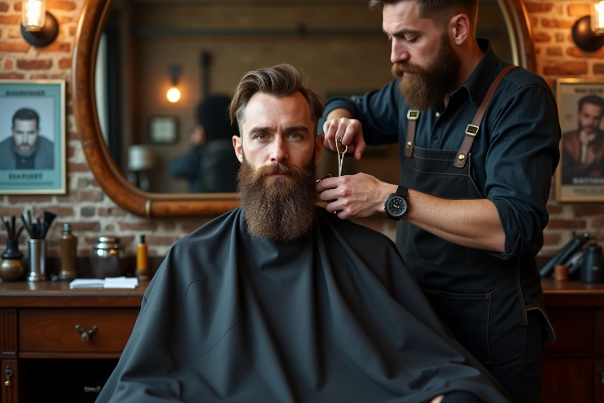 Barbier taillant la barbe longue d'un client avec des ciseaux dans un salon de coiffure vintage