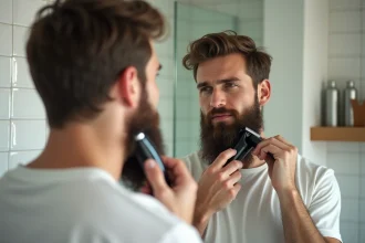 Homme taillant sa barbe longue avec une tondeuse électrique devant un miroir de salle de bain moderne