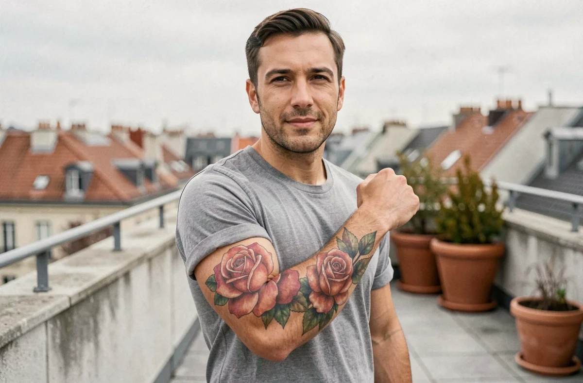 Tatouage rose aquarelle sur le bras d'un homme sur une terrasse urbaine