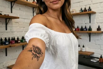 Tatouage rose en noir et gris sur l'avant-bras d'une jeune femme dans un studio de tatouage parisien