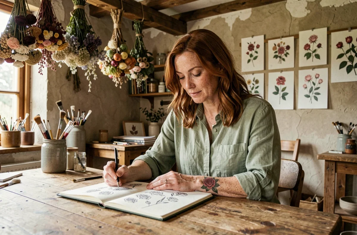 Femme avec tatouage rose au poignet consultant un carnet de flash tattoo dans un atelier botanique
